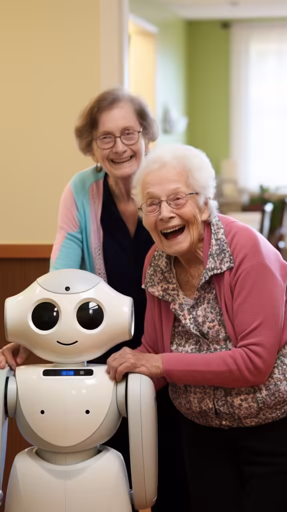 zorgrobot met 2 senioren