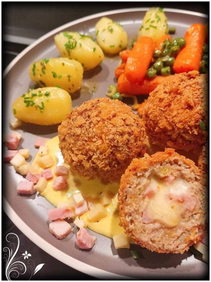 CORDON BLEU GEHAKTBALLEN MET BIESLOOKKRIELTJES, JONGE WORTELEN EN ERWTJES EN MOSTERDROOMSAUS