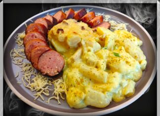 Heerlijke gegratineerde ovenschotel met aardappelschijfjes, schorseneren en een romige lookbechamelsaus, afgewerkt met lente-ui en walnoten (Recept voor 4 personen)