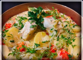 Kabeljauwhaas in Noilly Prat roomsaus met prei, wortelen en krielaardappelen