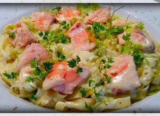 Linguine met mi-cuit van zalm, gestoofde prei en Noilly Prat-saus