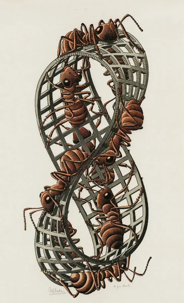 M.C. Escher Band van Mobius-II Rode mieren, houtsnede februari-1963