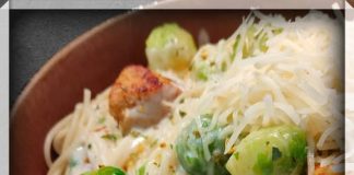 Capellini in boursinsaus met kip en spruitjes