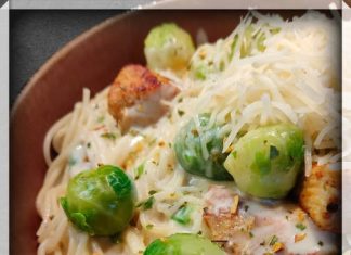 Capellini in boursinsaus met kip en spruitjes