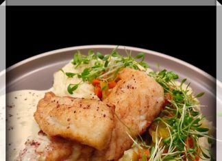 Gebakken lengfilet met noilly-pratsaus, smeuïge aardappelpuree met bicky-uitjes en gestoofde wortel-prei