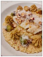 Risotto met kabeljauwrug en structuren van spruitjes