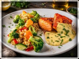 Mi-cuit van Gebrande Zalm met Jack Daniels-Honinglak, Verse Bearnaise en Parelcouscous