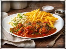 Goulash-Style Meatballs met Witloofsalade & Frietjes
