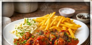 Goulash-Style Meatballs met Witloofsalade & Frietjes