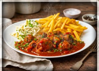Goulash-Style Meatballs met Witloofsalade & Frietjes