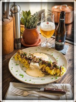 Kabeljauwrug met Tagliatelle, Boschampignons & Sabayon van Omer