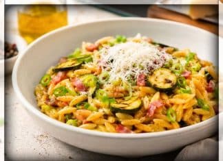 Orzo alla carbonara met gegrilde courgette en lenteui